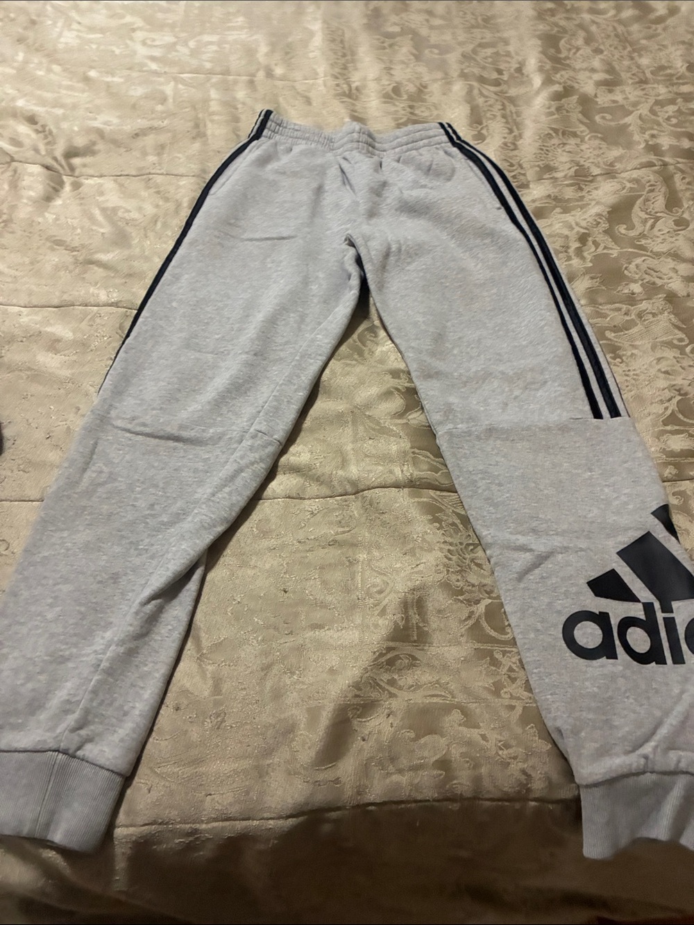 adidas Light Gray Sweatpants with Black Logo and Stripes